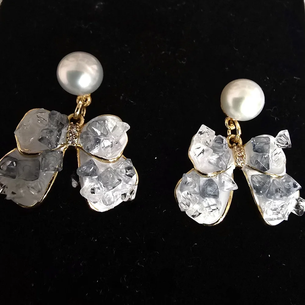 S925 Needle, Freshwater Pearl Gradient Iced Blue Crystal Floral‎ Drop Earrings